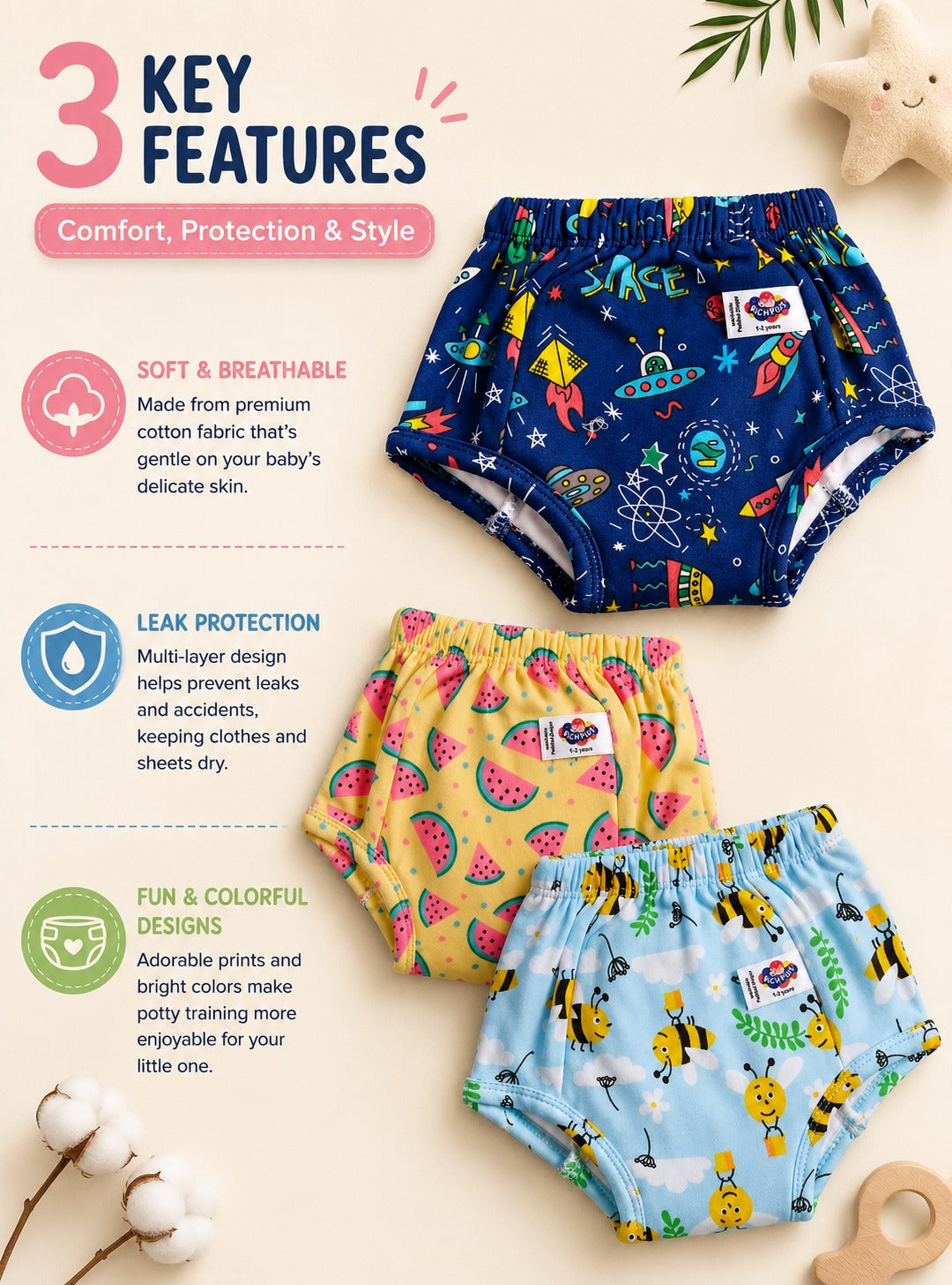 3 pc Printed Reusable Diapers