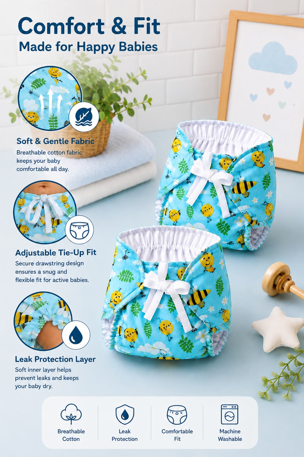 Blue Honey Bee Print Reusable Langot