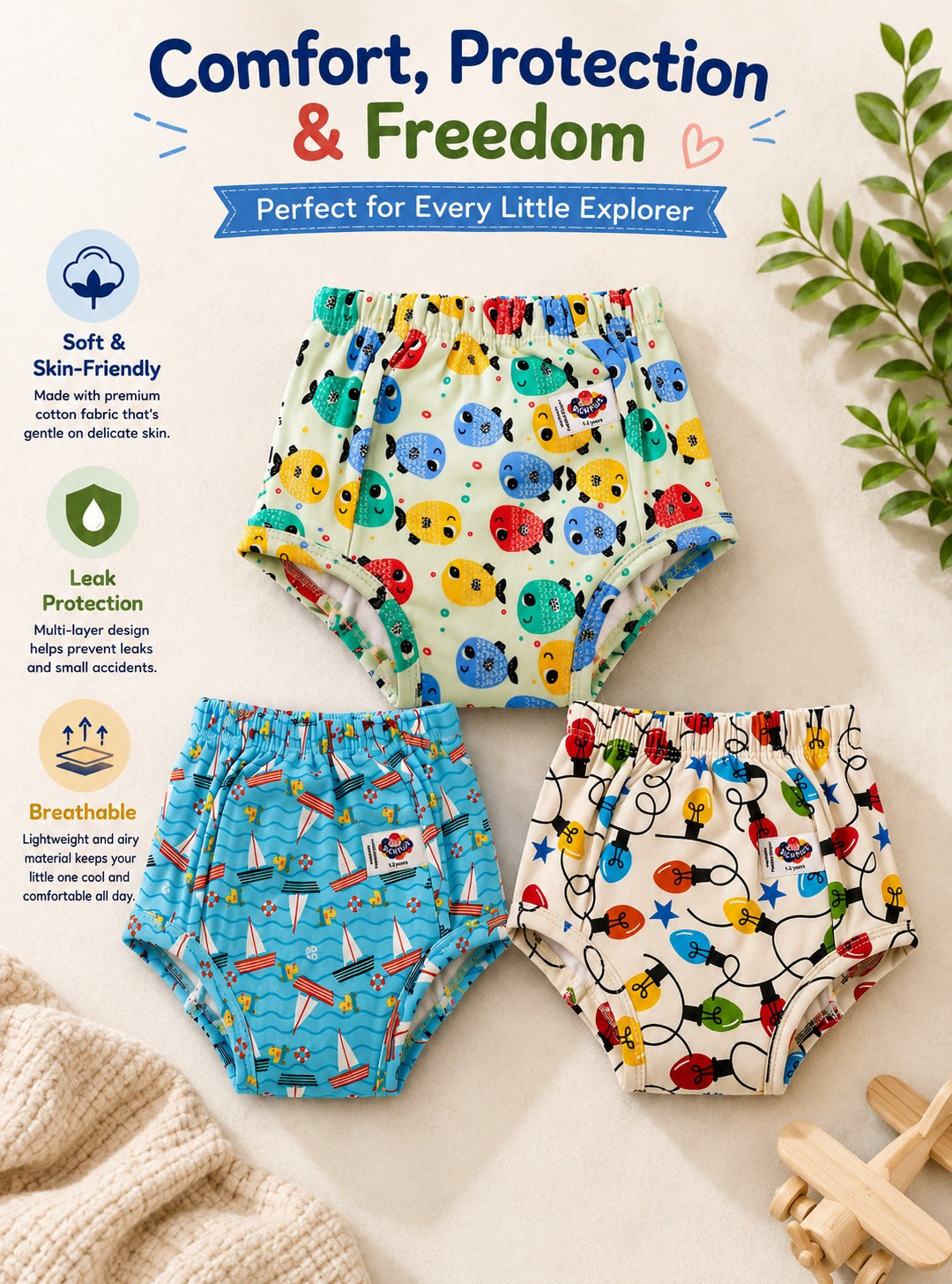 3 pc Printed Reusable Diapers